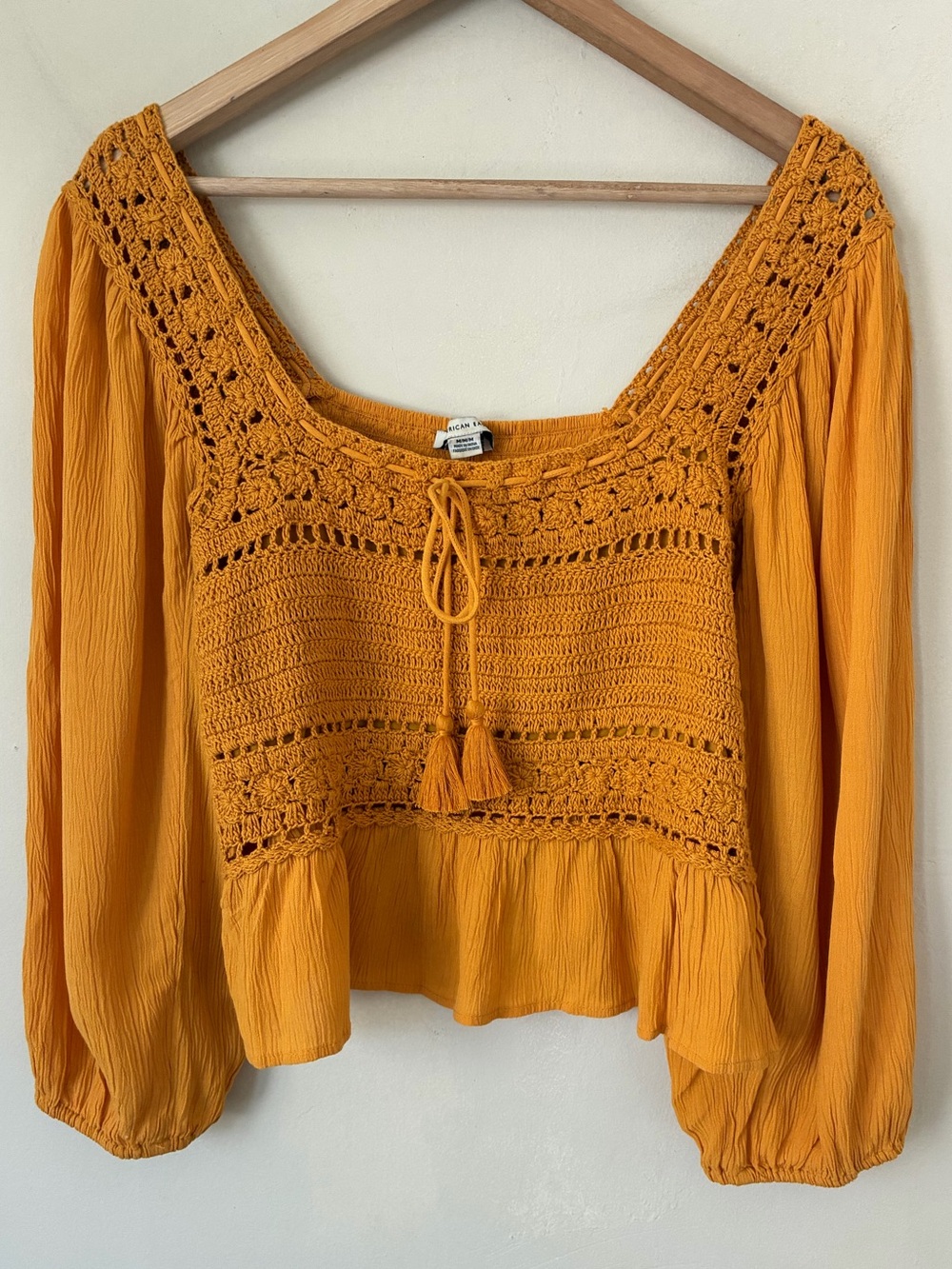 American Eagle Mustard Yellow Babydoll  Crochet Lace Cottagecore Crop top Fall